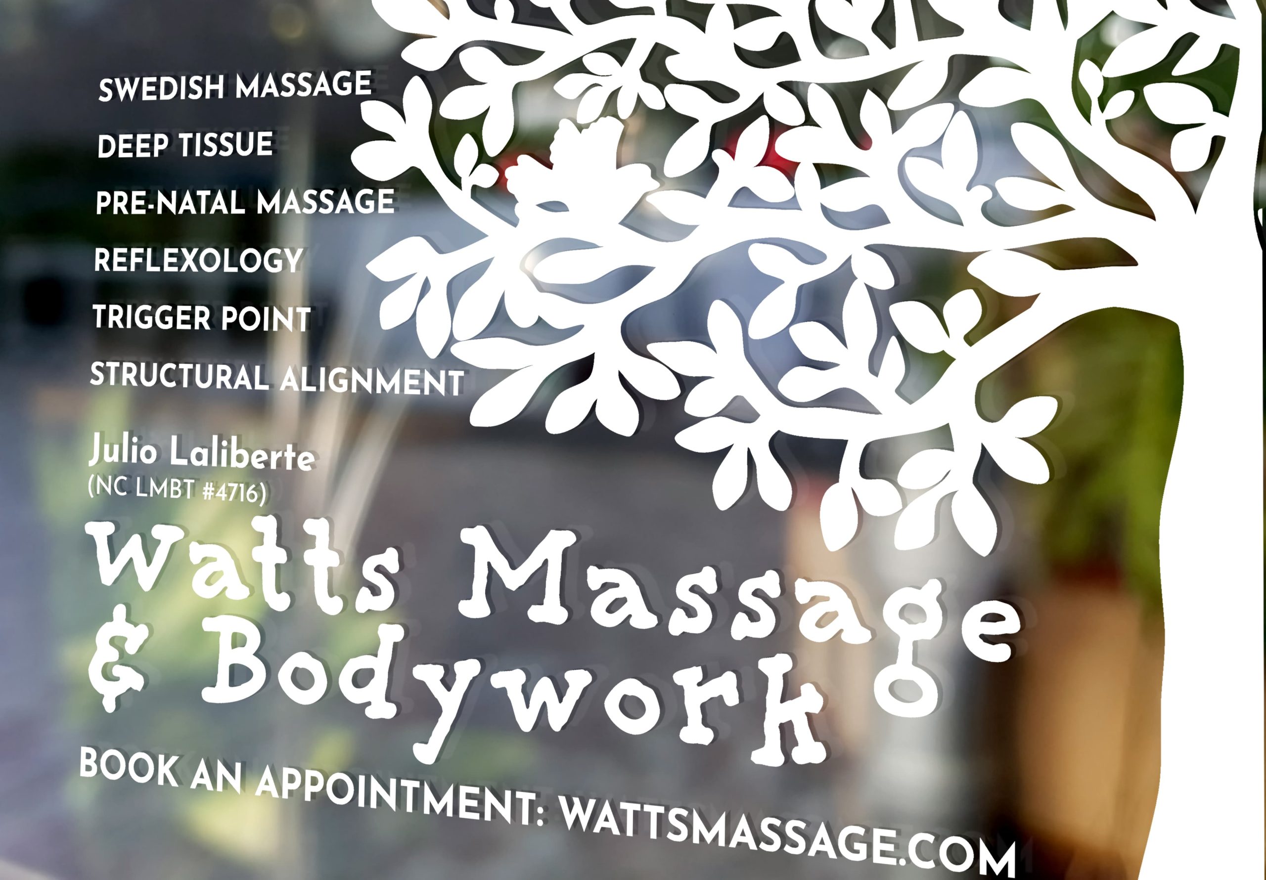Watts Massage and Bodywork window sign